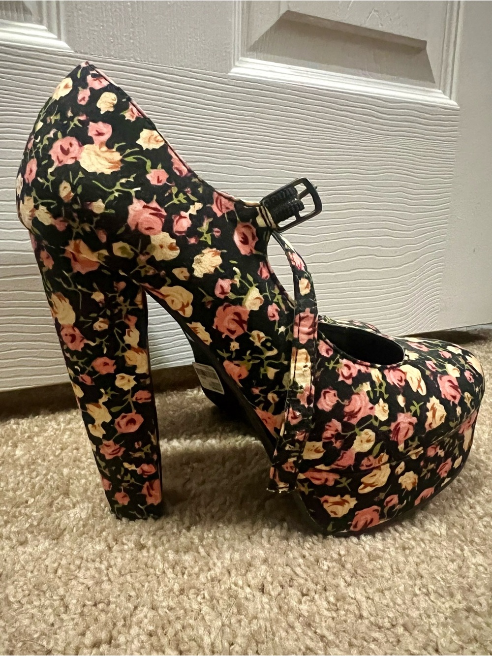 Floral Platform Mary Jane High Heels - Pink & Yellow Roses on Black
